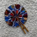 African Print Circle Mini Folding Fan - Blue / Red / White