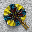 African Print Circle Mini Folding Fan - Yellow / Blue / Red
