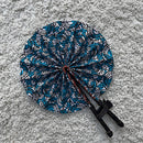 African Print Circle Mini Folding Fan - Blue / White