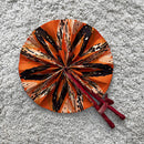 African Print Circle Mini Folding Fan - Orange / Black / White