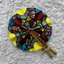 African Print Circle Mini Folding Fan - Yellow / Blue / Red