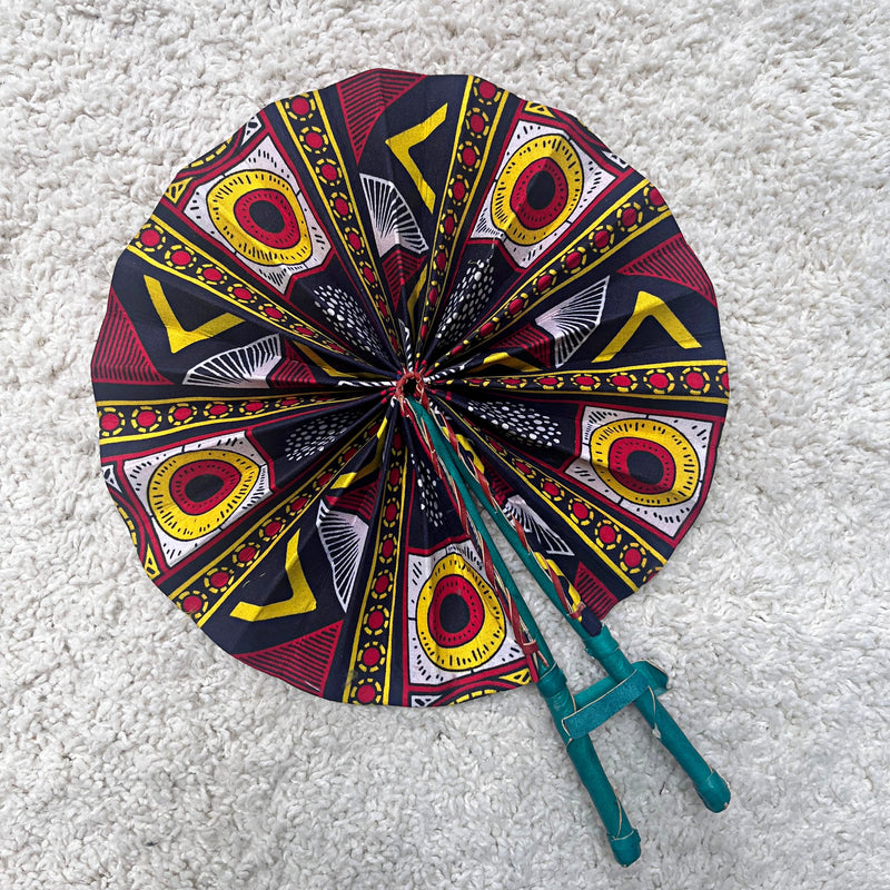 African Print Circle Foldable Handheld Fan - Black / Red / Yellow - Afrilege