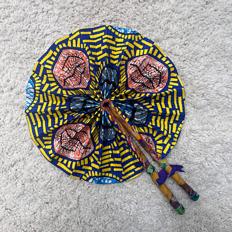 African Print Circle Foldable Handheld Fan - Blue / Yellow - Afrilege