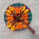 Kente African Print Circle Folding Handheld Fan with Leather Handle - Green / Yellow / Red