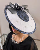 Navy Ndop Fascinator Flat Derby Hat - White / Navy Blue