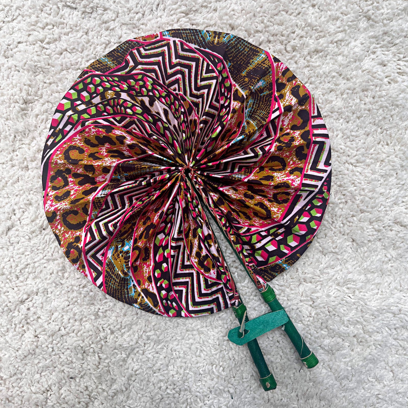 African Print Circle Foldable Handheld Fan - Pink / Brown - Afrilege