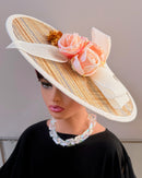 Women's Ivory and Gold Wide Brim Church Hat with Peach Roses