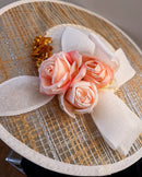 Women's Ivory and Gold Wide Brim Church Hat with Peach Roses