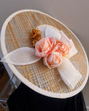 Women's Ivory and Gold Wide Brim Church Hat with Peach Roses