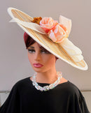 Women's Ivory and Gold Wide Brim Church Hat with Peach Roses