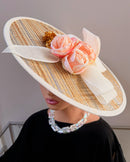 Women's Ivory and Gold Wide Brim Church Hat with Peach Roses