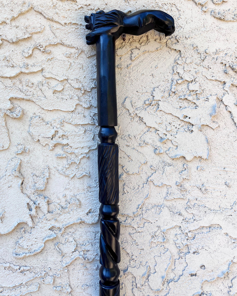 Lion Handle Ebony Wood Carved Walking Stick / Cane