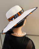 Cowria African Print Straw Church Sun Hat - Off-white/ Brown - Afrilege