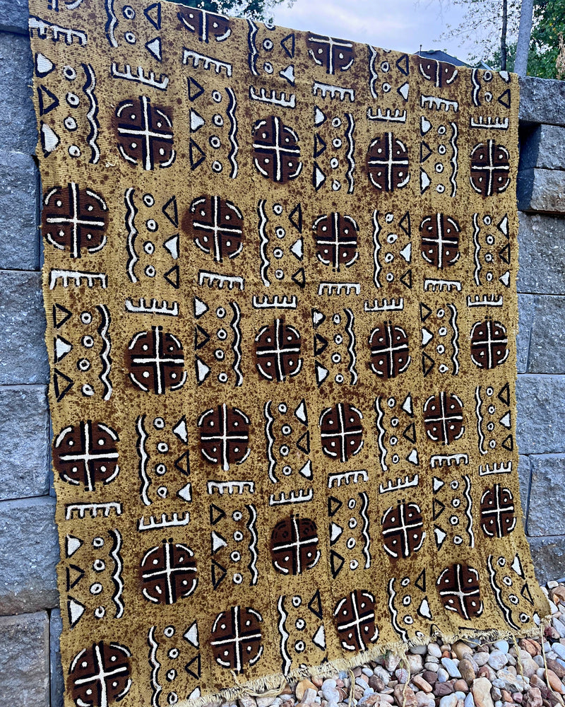 African Bogolan Mud Cloth Handmade Fabric - Mustard / Brown