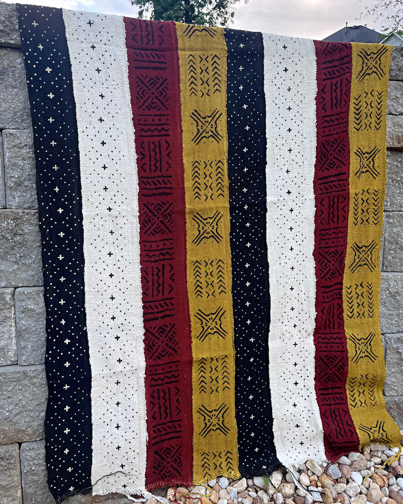 Multi-Colored African Mudcloth Handmade Fabric- Yellow / White/ Rust/ Black