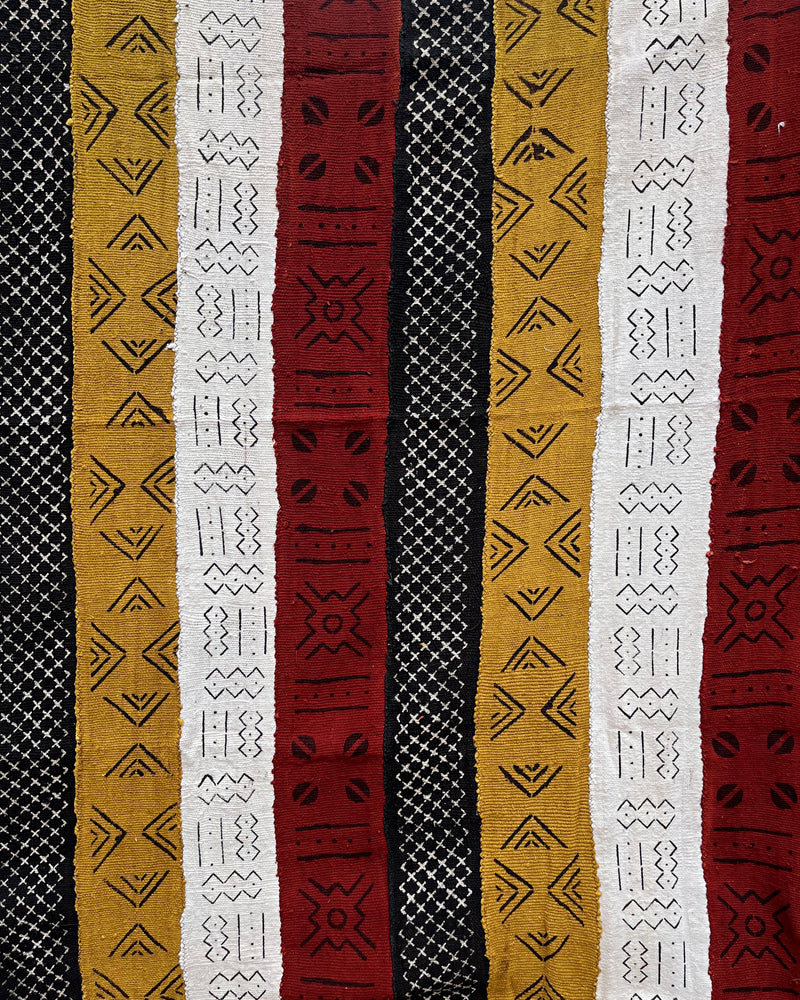 Multi-Colored Strips African Mudcloth Handmade Fabric- Yellow / White/ Rust/ Black