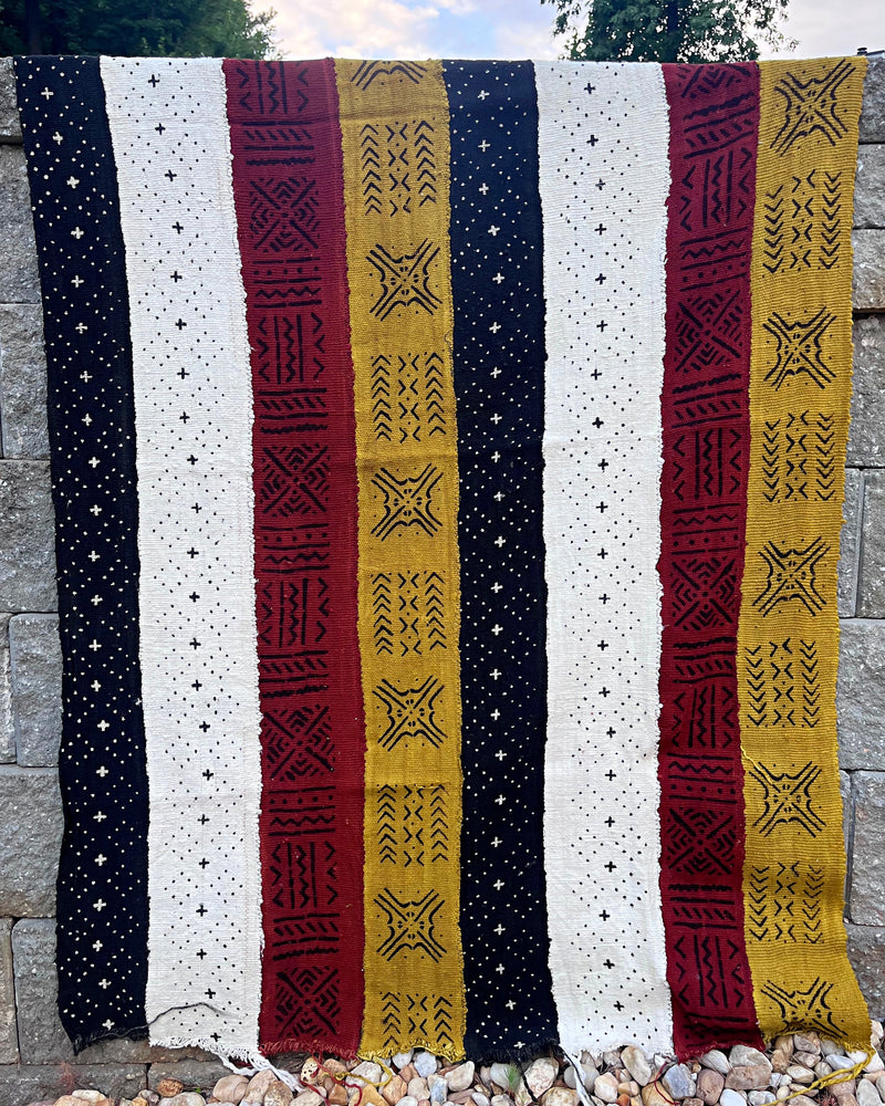 Multi-Colored African Mudcloth Handmade Fabric- Yellow / White/ Rust/ Black