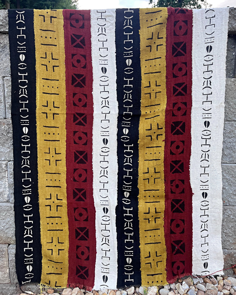 Multi-Colored African Mudcloth Handmade Fabric- Yellow / White/ Rust/ Black