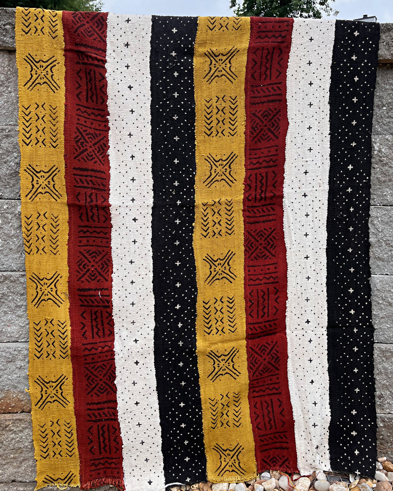 Multi-Colored Strips African Mudcloth Handmade Fabric- Yellow / White/ Rust/ Black