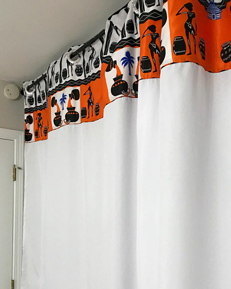 Bolanle Grommet Top African Print Curtains - Orange, White & Black - Afrilege