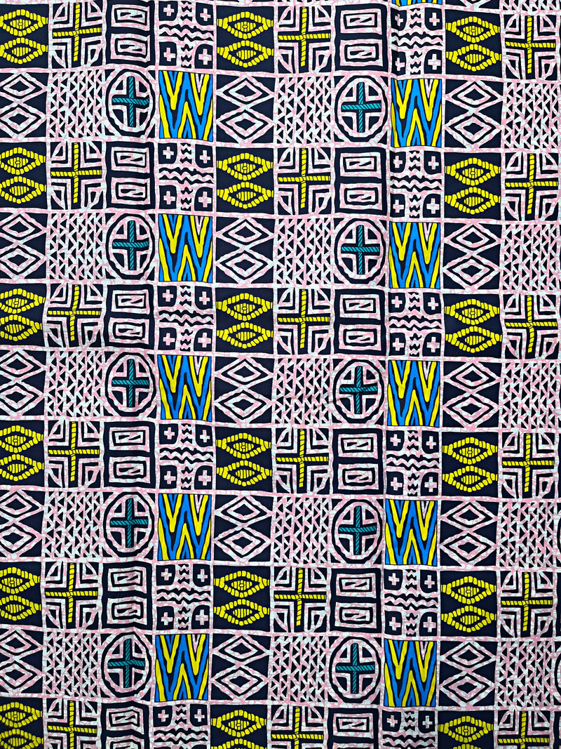 Atoghu Bangangte African Wax Print Fabric - Blue / Pink / Yellow