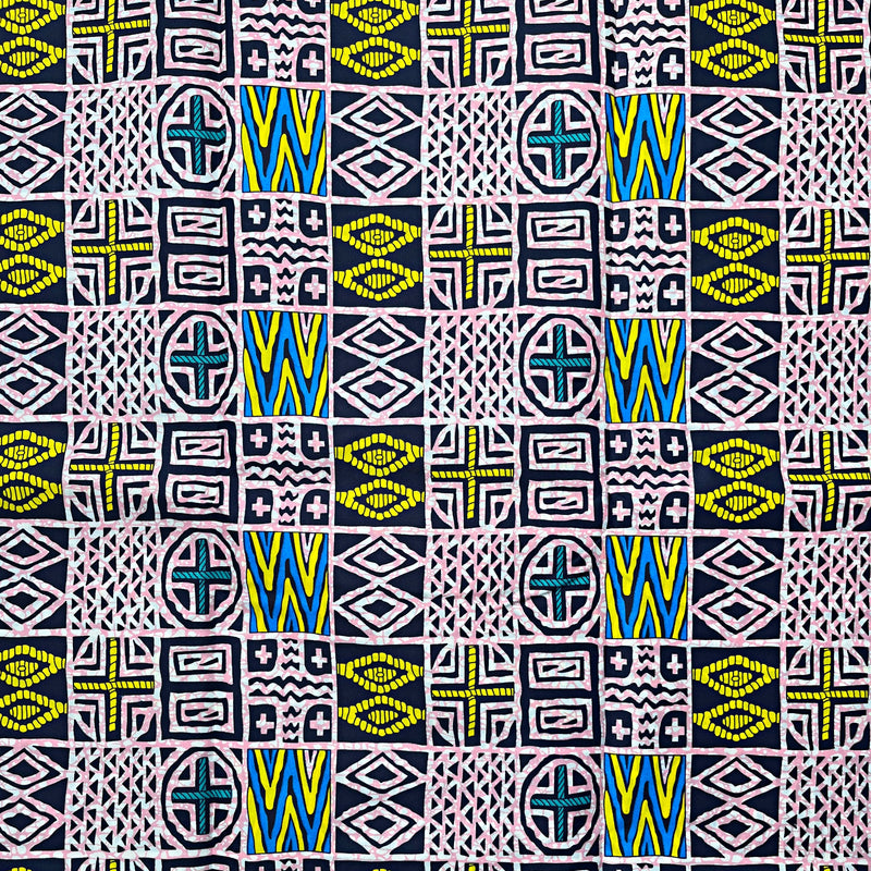 Atoghu Bangangte African Wax Print Fabric - Blue / Pink / Yellow