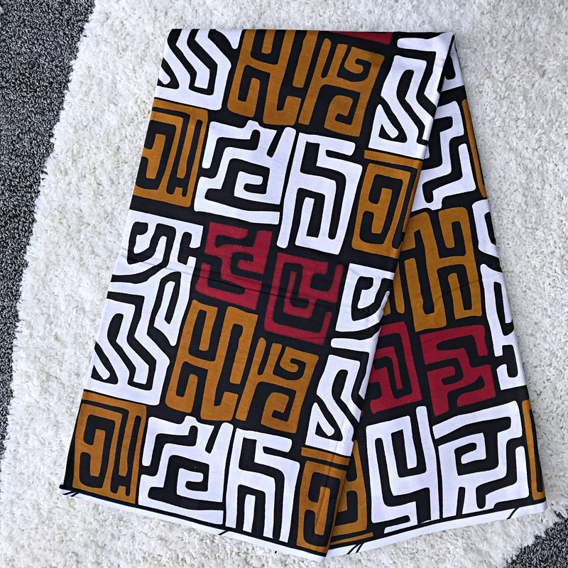 African Wax Print Fabric by the yard - White / Red / Brown - Afrilege