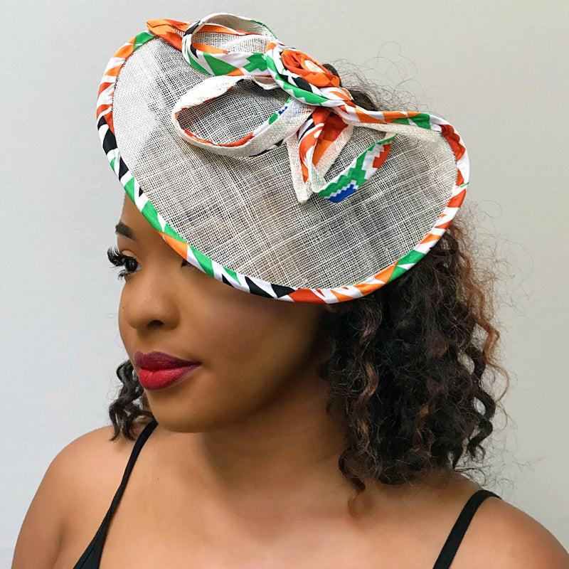 African Print Fascinator hair clip hat - White / Orange / Green - Afrilege