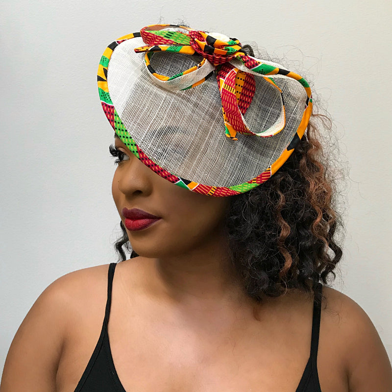 Kente African Print Fascinator hair clip hat - Orange / Green - Afrilege