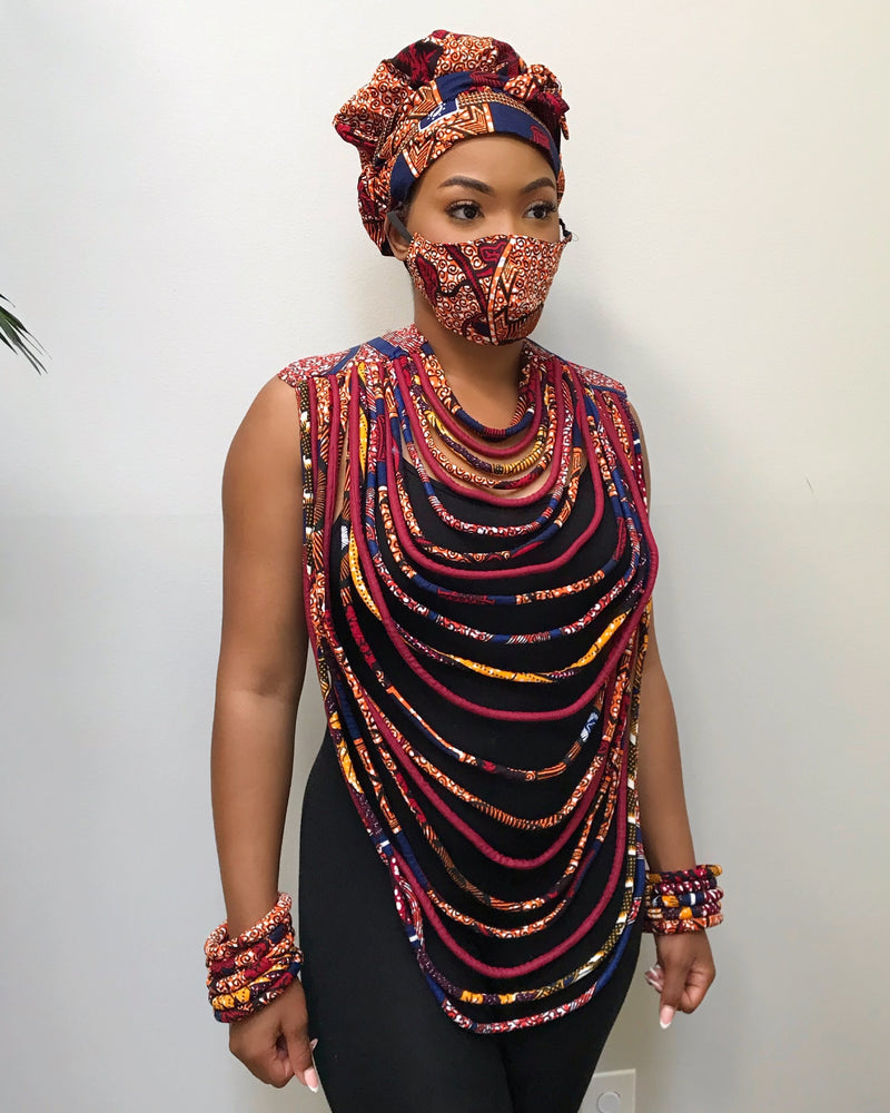 Carol Maroon African Print 24 Strands Statement rope necklace - Afrilege