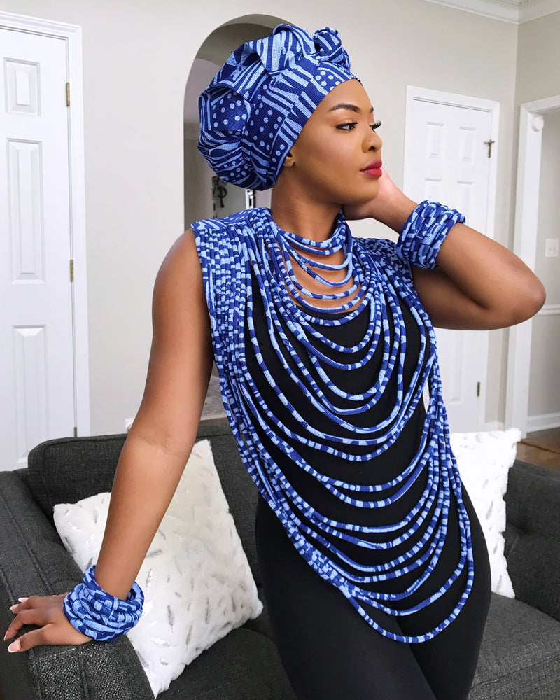 Ndop Blue African Print 24 Strands Statement rope necklace - Afrilege