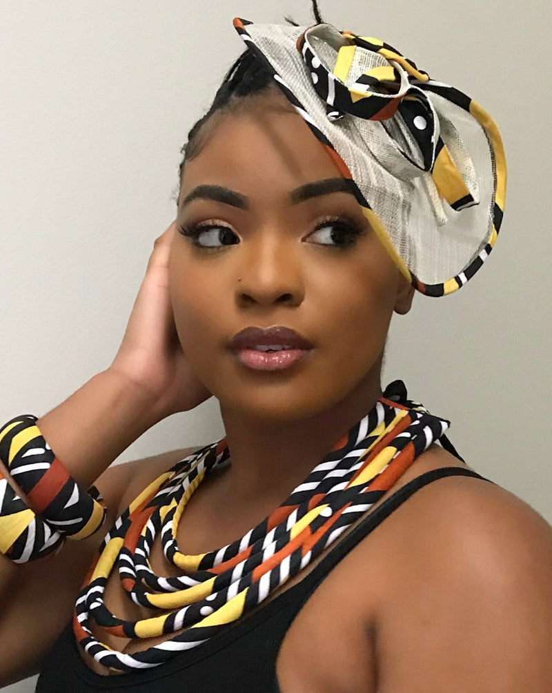 Bogolan African Print Fascinator hair clip hat - Brown / Yellow / Black - Afrilege