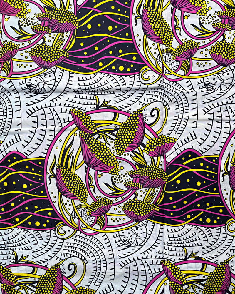 African Wax Print Fabric (Ankara) - White / Yellow / Pink