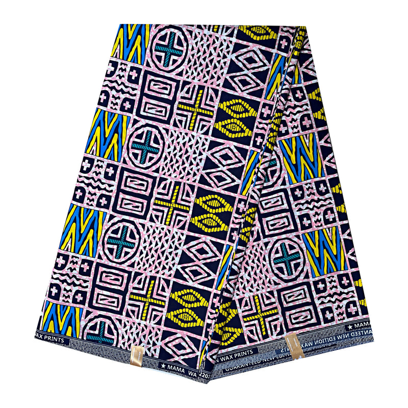 Atoghu Bangangte African Wax Print Fabric - Blue / Pink / Yellow