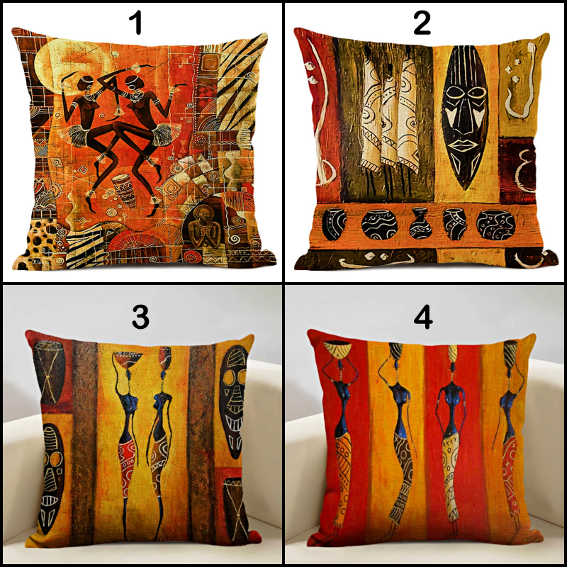 African Life Portrait Pillow Cover - Orange / Multicolor - Afrilege