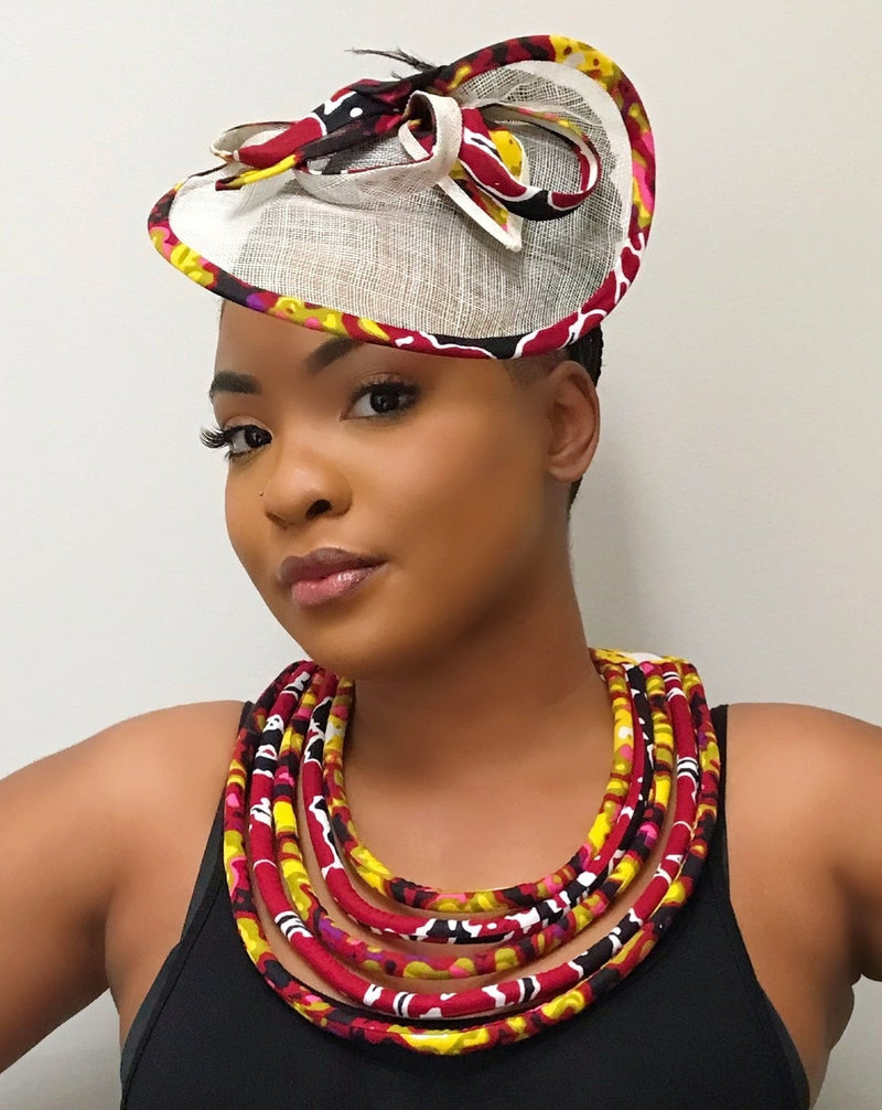 Carmela African Print Fascinator hair clip hat - Yellow / Red - Afrilege