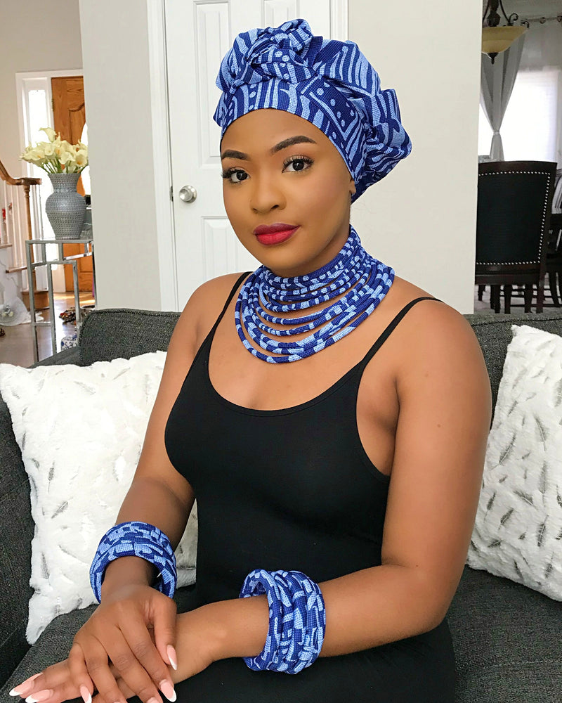 Ndop Blue Set of 2 Africa Print Choker Necklace - Afrilege
