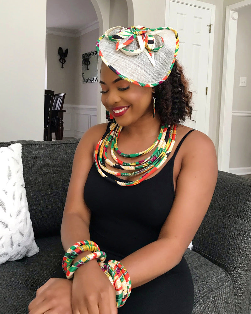 Deka African Print Fascinator hair clip hat - Green / Yellow / Orange - Afrilege