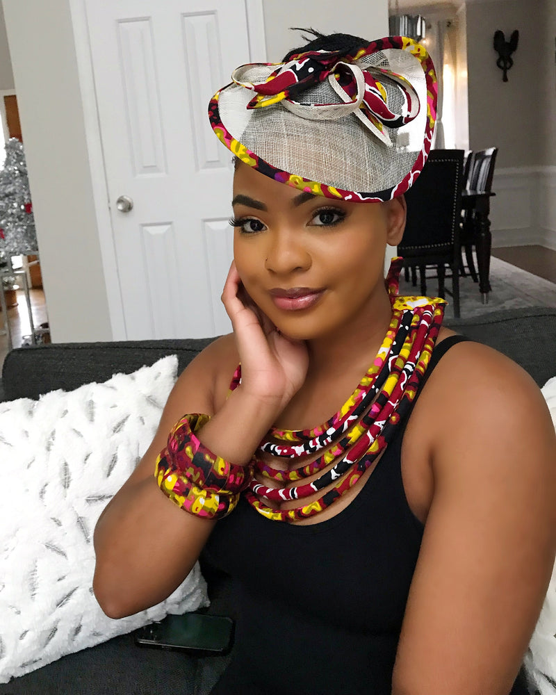 Carmela African Print Fascinator hair clip hat - Yellow / Red - Afrilege