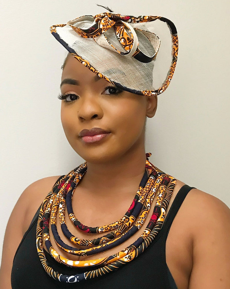Bessa African Print Fascinator Hat - Navy blue / Orange - Afrilege
