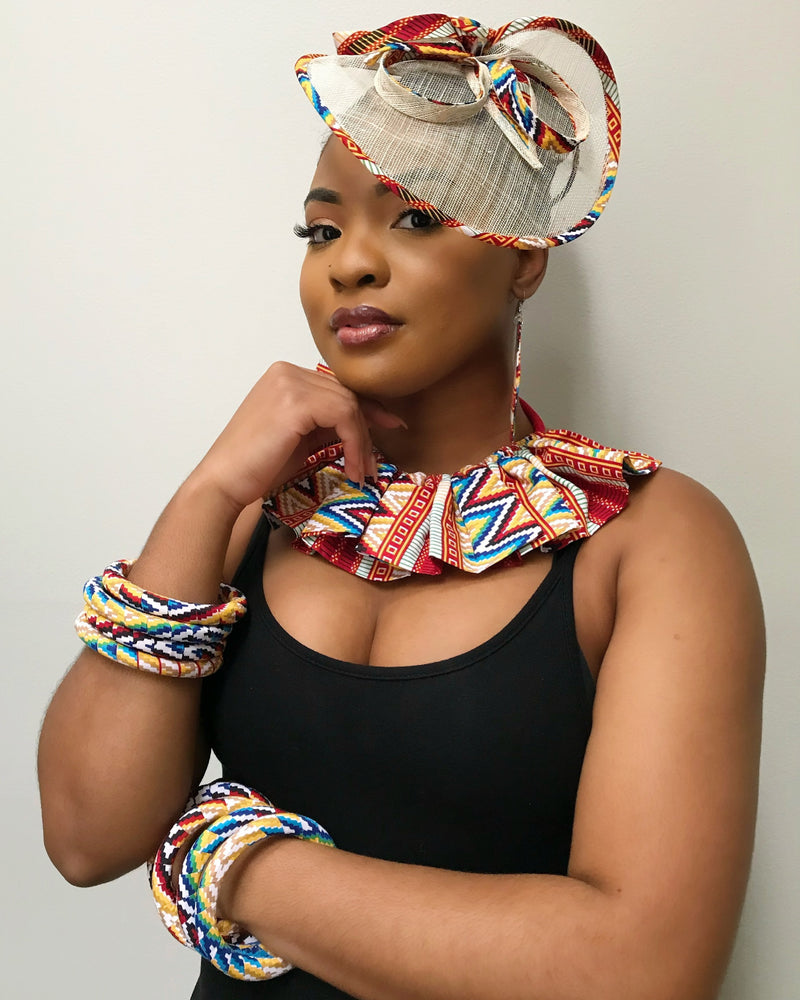 African Print Fascinator hair clip hat - Red / Blue - Afrilege