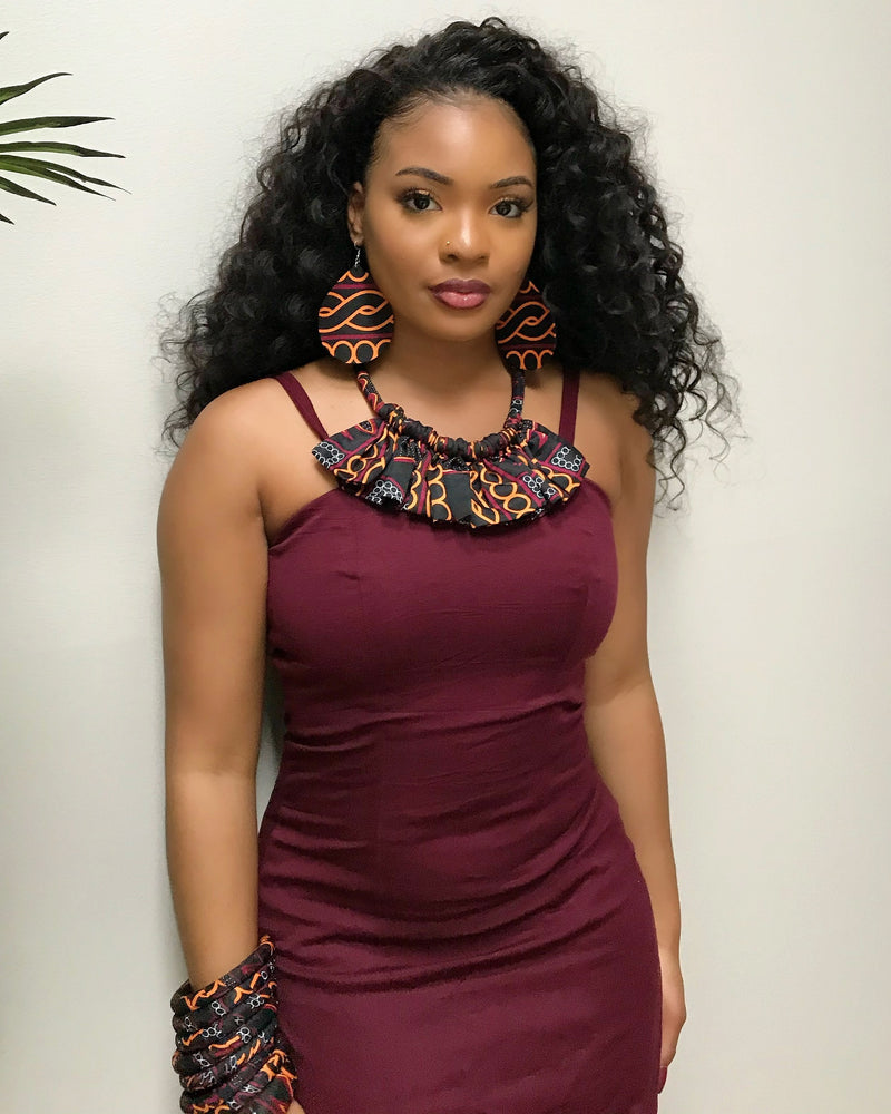Burgundy Toghu African Print Skirt Necklace Jewelry Set, Necklace + Earrings + 4 Bangles Burgundy Toghu African Print Skirt Necklace Jewelry Set, Necklace + Earrings + 4 Bangles
