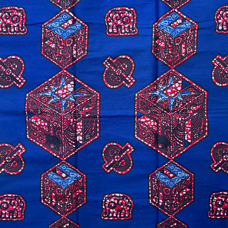 African Wax Print Fabric by The Yard - Blue / Red