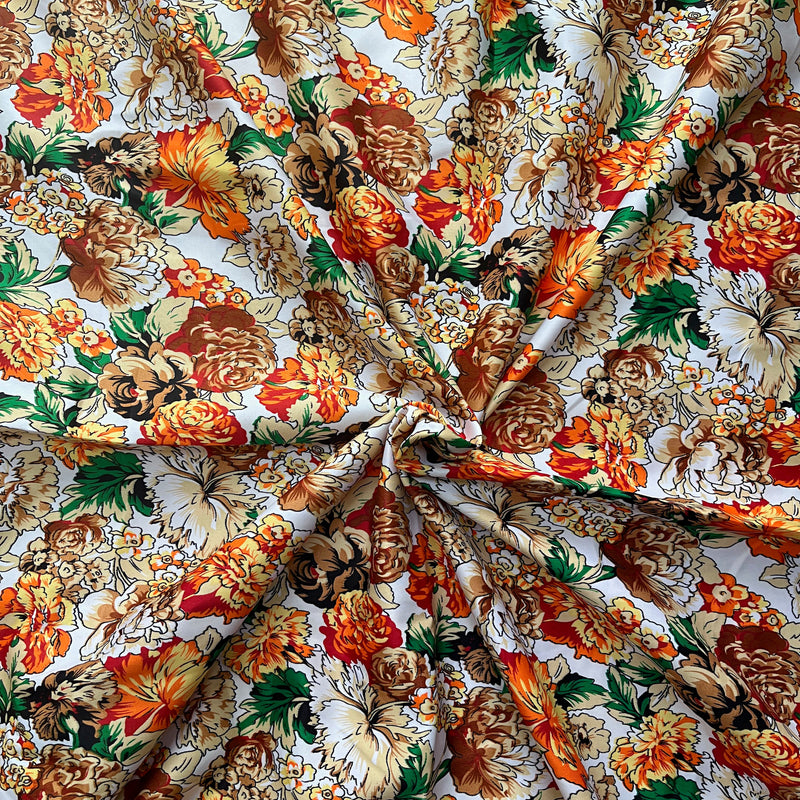 Floral Satin Silk Print Fabric - Orange / Green / Brown