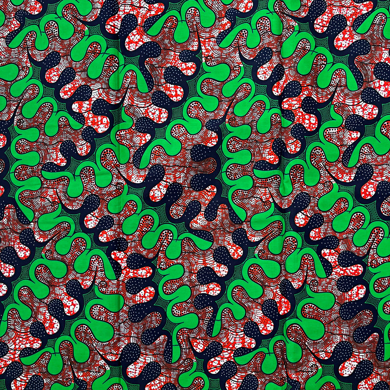 African Wax Print Fabric by The Yard - Green / Red