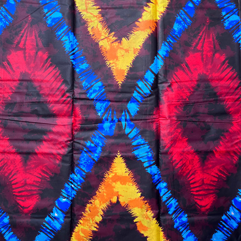 African Wax Print Tie Dye Fabric ( Ankara) - Blue / Maroon / Yellow