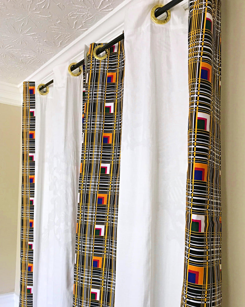 Zarah Grommet Top Kente African Print Curtains - Black / White / Yellow - Afrilege