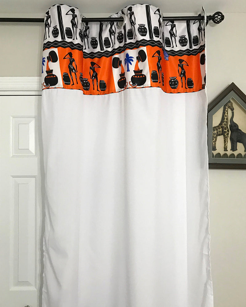 Bolanle Grommet Top African Print Curtains - Orange, White & Black - Afrilege