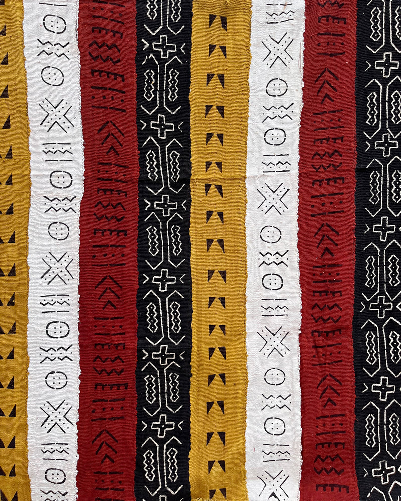 Multi-Colored Strips African Mudcloth Handmade Fabric- Yellow / White/ Rust/ Black