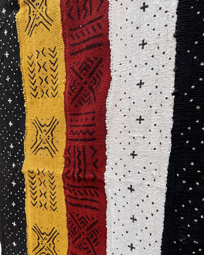 Multi-Colored Strips African Mudcloth Handmade Fabric- Yellow / White/ Rust/ Black